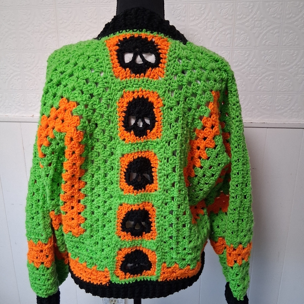 Small / Medium Crochet Cardigan Sweater, Neon Colors With Black Skulls